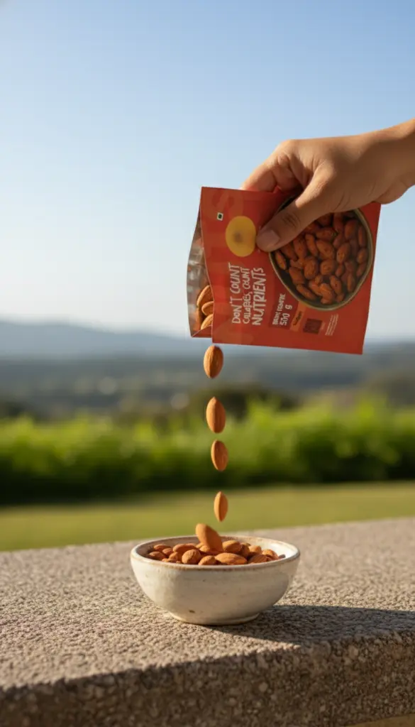 AI Generated Badam Perifire 500 g pack pouring almonds - outdoor picnic viewpoint