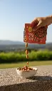 AI Generated Badam Perifire 500 g pack pouring almonds - outdoor picnic viewpoint