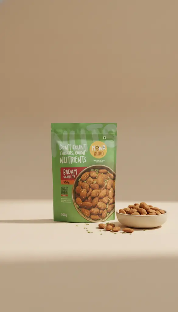 AI Generated Badam Saunfelite pouch 500gm studio shot