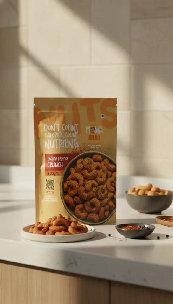 AI Generated Cashew Perifire Crunch – 250gm pack (daylight kitchen hero shot)