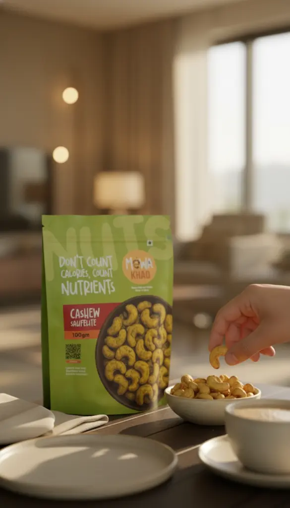 AI Generated Cashew Saufelite – Tea-time lifestyle hero image (9:16)