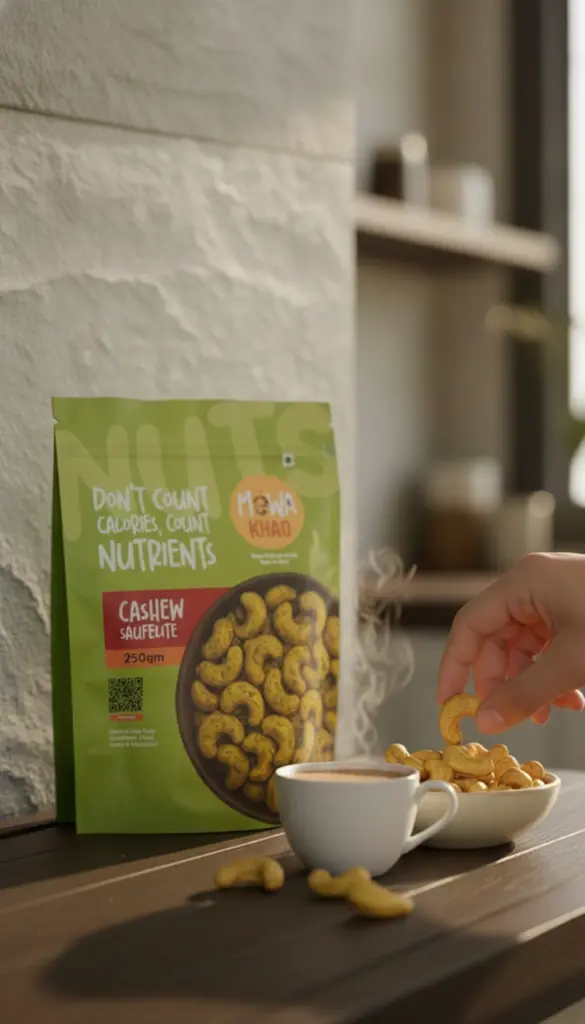 AI Generated Cashew Saufelite 250gm – Tea-time lifestyle hero image (9:16)