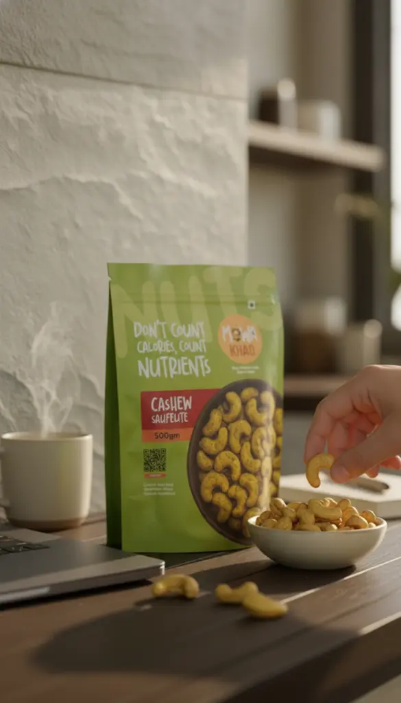 AI Generated Cashew Saufelite 500gm – Work-from-home desk lifestyle hero image (9:16)