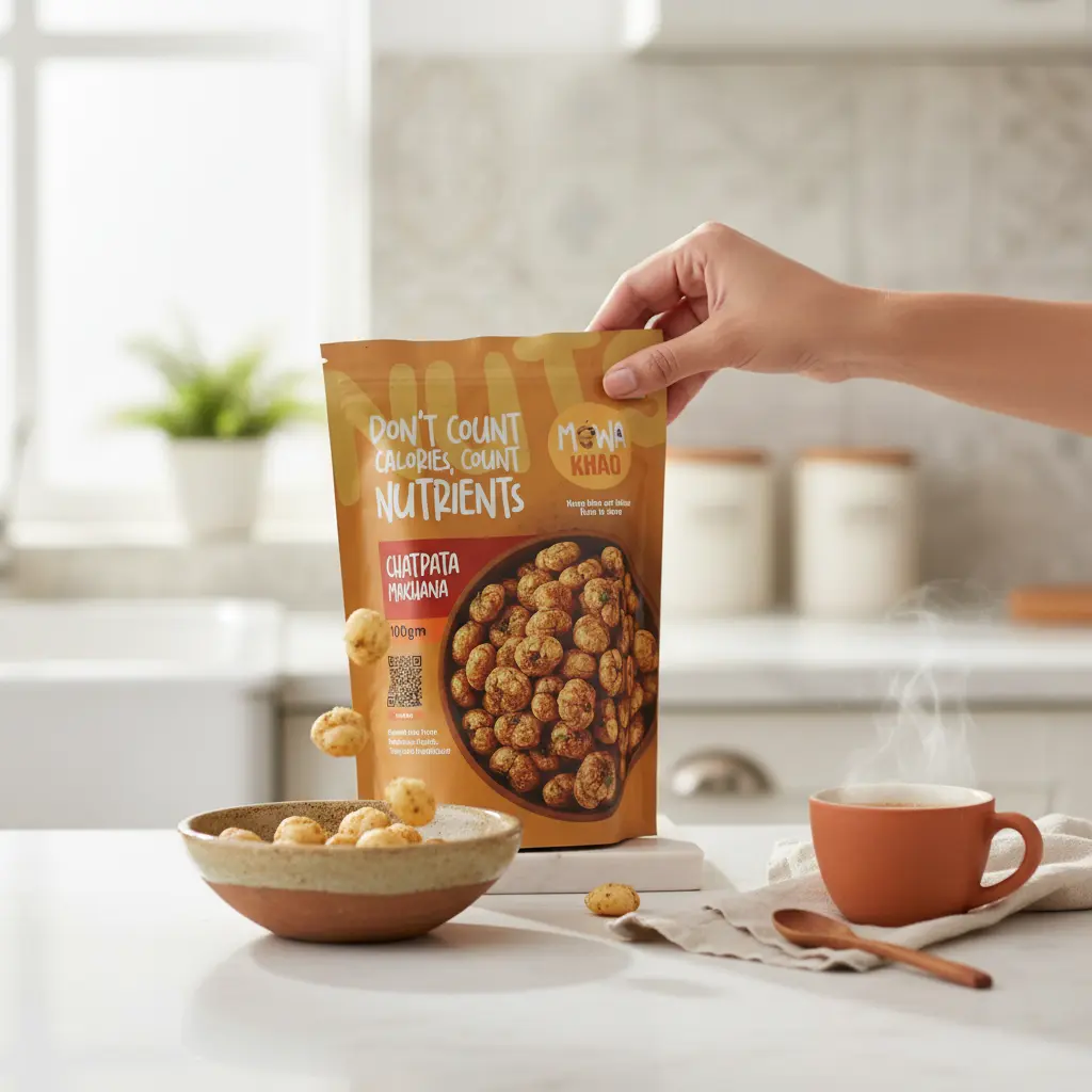AI Generated Chatpata Makhana generic pack (weight hidden) tea-time kitchen lifestyle 1:1