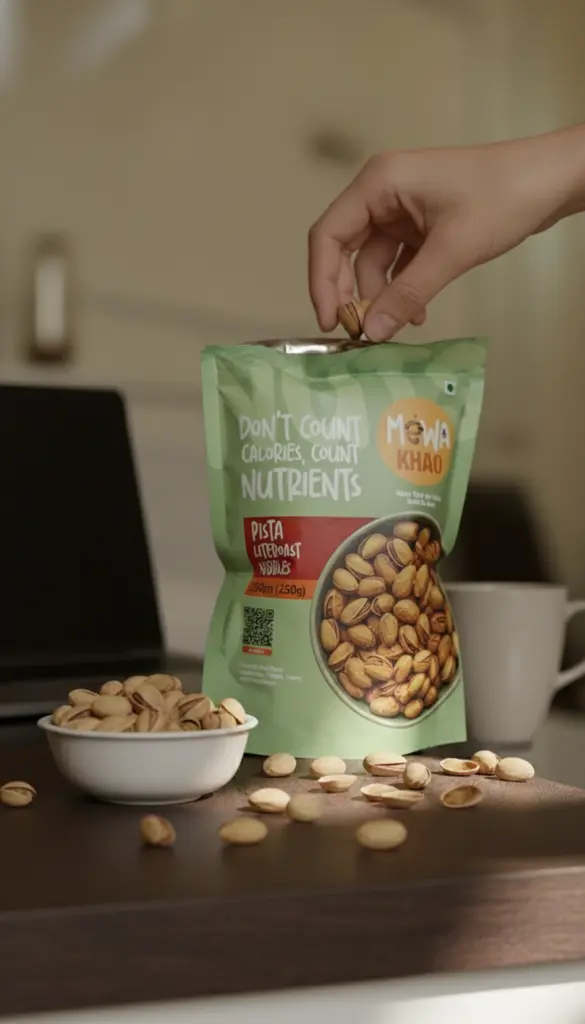 AI Generated Pista Literoast Nibbles – 250gm – Office Snack Lifestyle Shot
