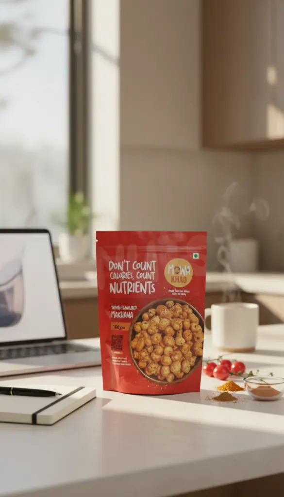 AI Generated Tomato Flavoured Makhana 100gm – Office Desk Lifestyle Image