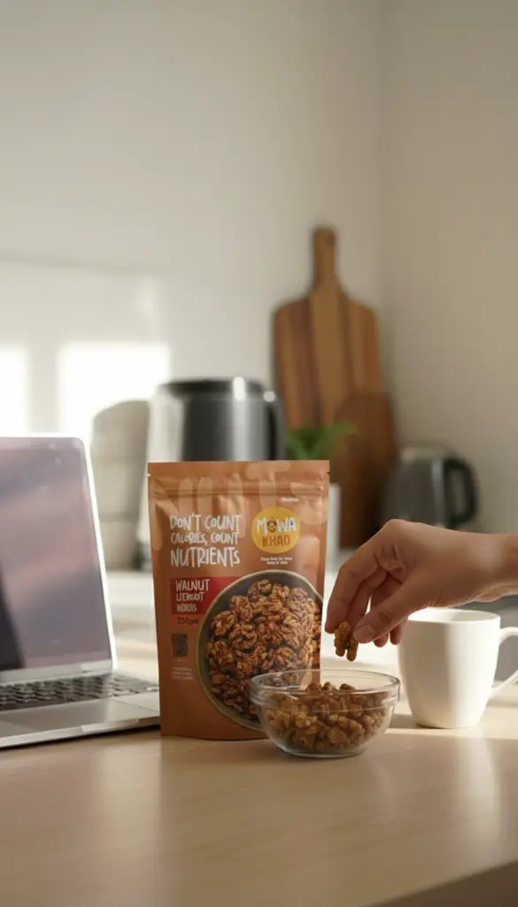 AI Generated Walnut Literoast Nibbles 250gm – Office Desk Lifestyle Shot